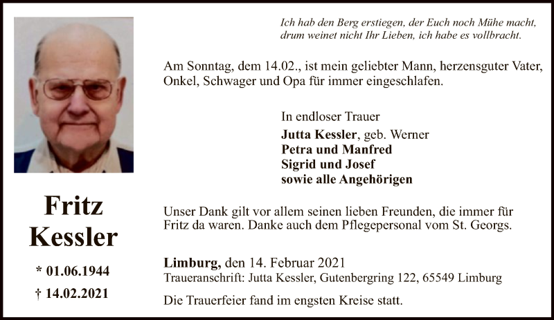  Traueranzeige für Fritz Kessler vom 20.02.2021 aus FNP
