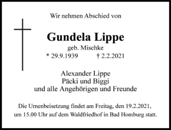 Traueranzeige von Gundela Lippe von FNP