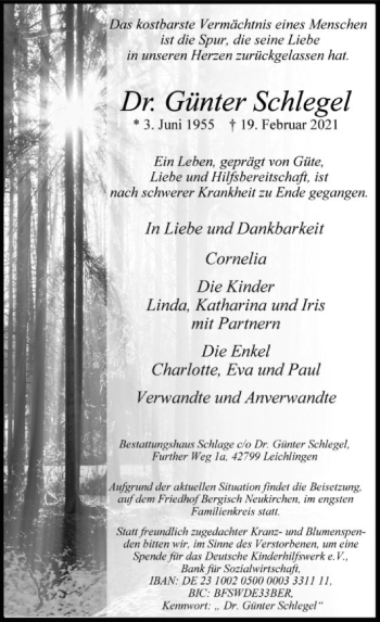 Traueranzeige von Günter Schlegel von FNP