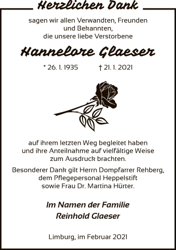 Traueranzeige von Hannelore Glaeser von FNP