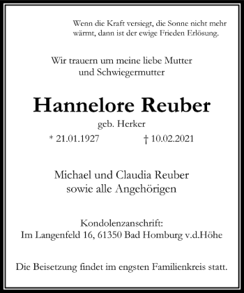 Traueranzeige von Hannelore Reuber von FNP