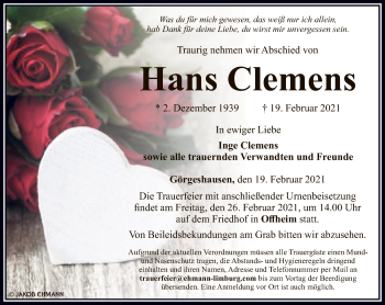 Traueranzeige von Hans Clemens von FNP