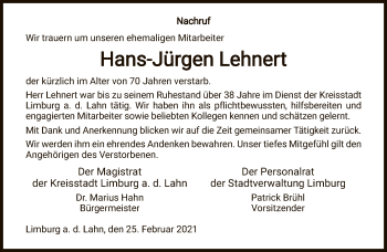 Traueranzeige von Hans-Jürgen Lehnert von FNP