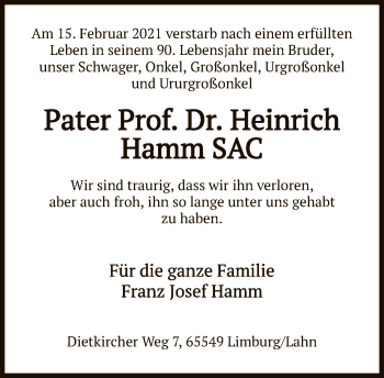 Traueranzeige von Heinrich Hamm von FNP