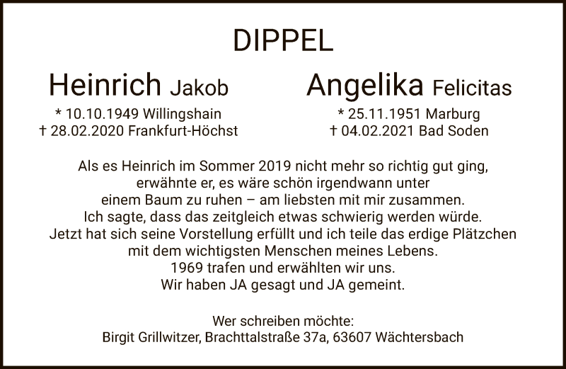  Traueranzeige für Heinrich Jakob Dippel vom 13.02.2021 aus FNP