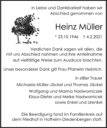 Traueranzeige von Heinz Müller von FNP