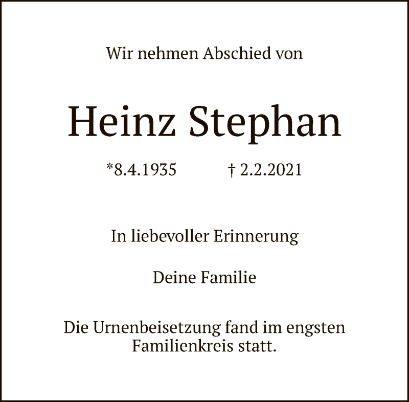 Traueranzeige für Heinz Stephan vom 27.02.2021 aus FNP