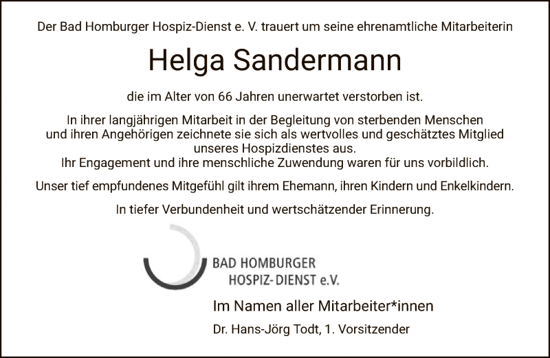  Traueranzeige für Helga Sandermann vom 13.02.2021 aus FNP