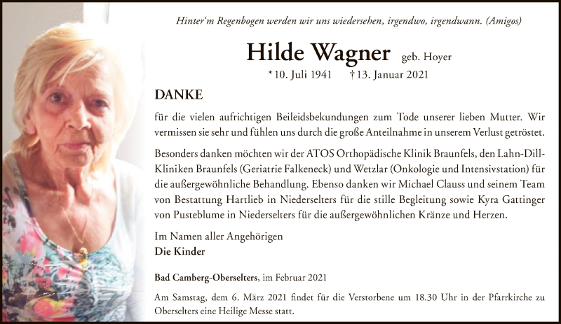  Traueranzeige für Hilde Wagner vom 06.02.2021 aus FNP