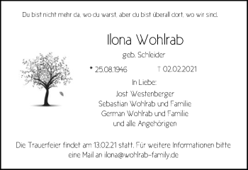 Traueranzeige von Ilona Wohlrab von FNP