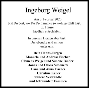 Traueranzeige von Ingeborg Weigel von FNP