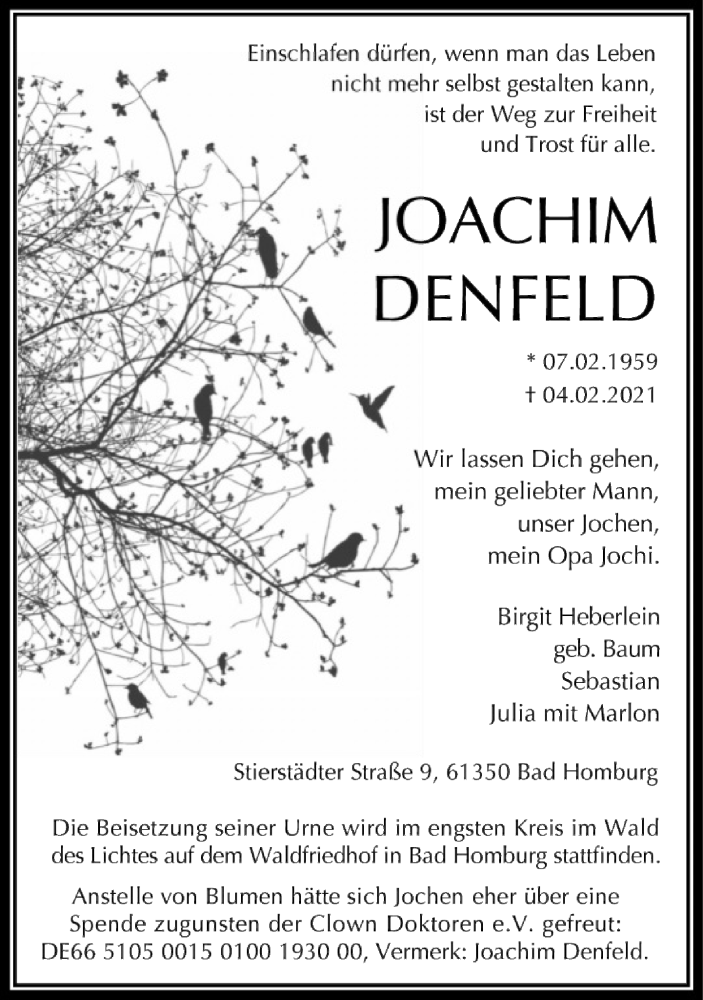  Traueranzeige für Joachim Denfeld vom 13.02.2021 aus FNP