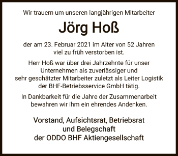 Traueranzeige von Jörg Hoß von FNP
