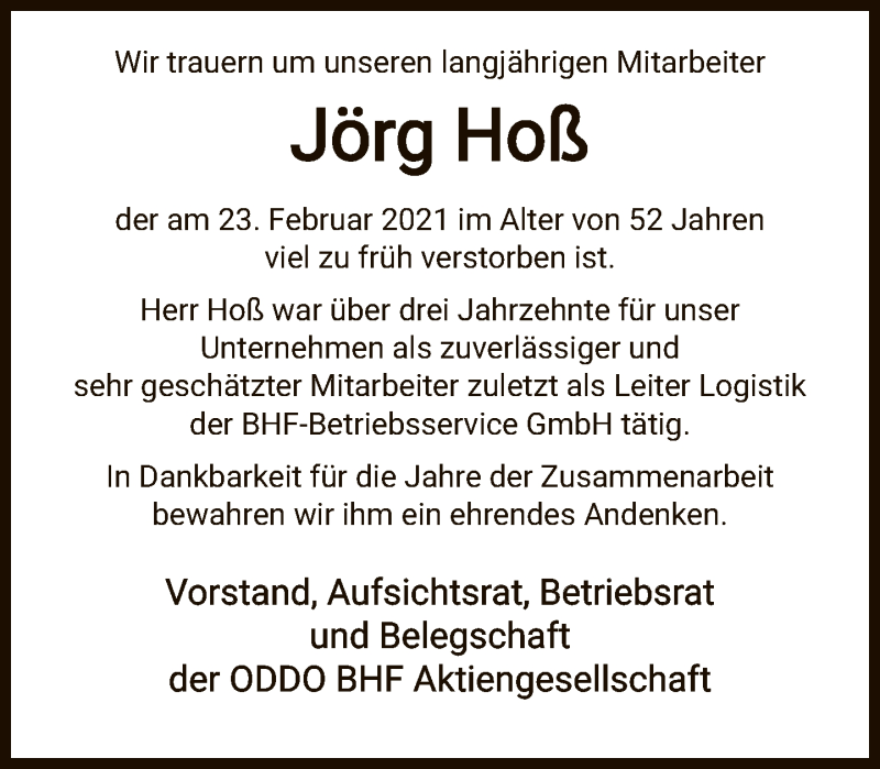  Traueranzeige für Jörg Hoß vom 27.02.2021 aus FNP