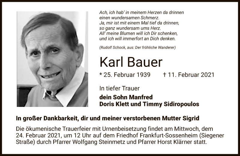  Traueranzeige für Karl Bauer vom 20.02.2021 aus FNP
