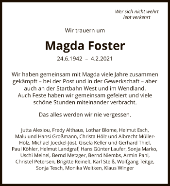 Traueranzeige von Magda Foster von FNP