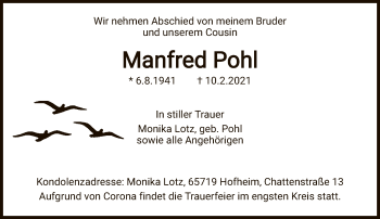 Traueranzeige von Manfred Pohl von FNP