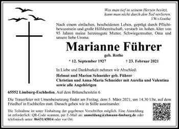 Traueranzeige von Marianne Führer von FNP