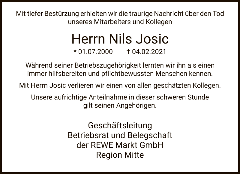  Traueranzeige für Nils Josic vom 20.02.2021 aus FNP