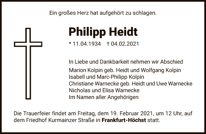  Traueranzeige für Philipp Heidt vom 13.02.2021 aus FNP