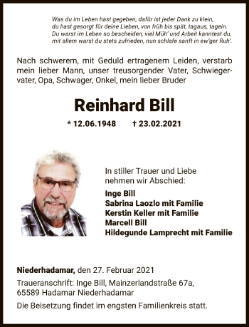 Traueranzeige von Reinhard Bill von FNP