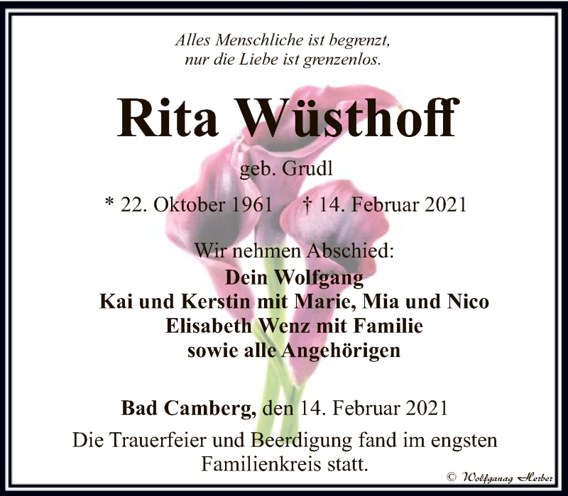  Traueranzeige für Rita Wüsthoff vom 20.02.2021 aus FNP