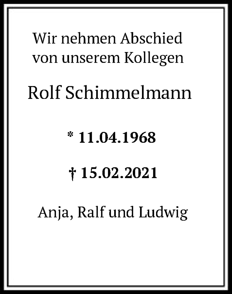  Traueranzeige für Rolf Schimmelmann vom 20.02.2021 aus FNP