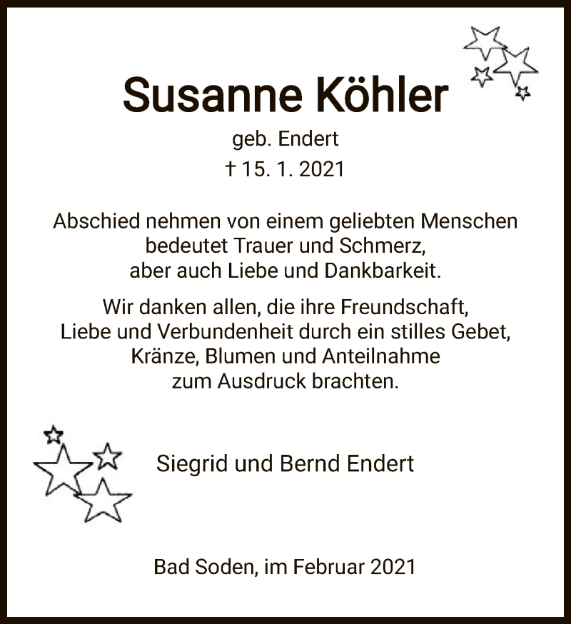  Traueranzeige für Susanne Köhler vom 06.02.2021 aus FNP
