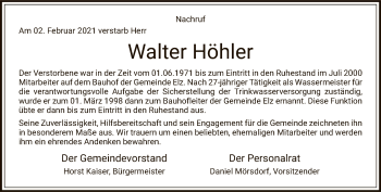 Traueranzeige von Walter Höhler von FNP