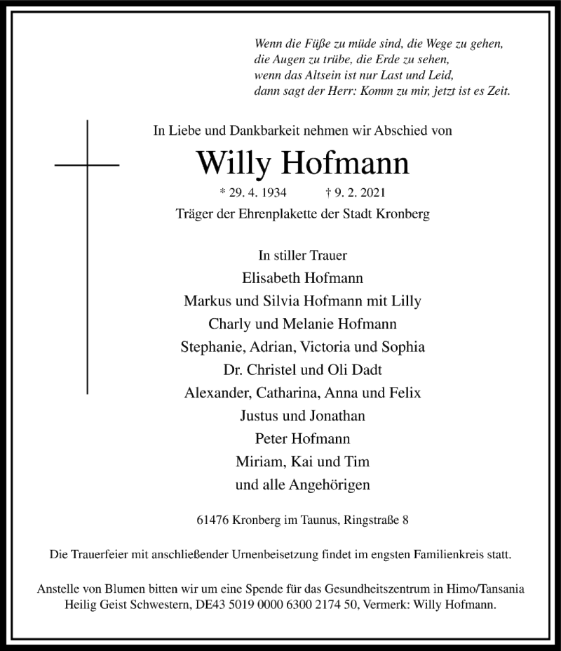  Traueranzeige für Willy Hofmann vom 20.02.2021 aus FNP