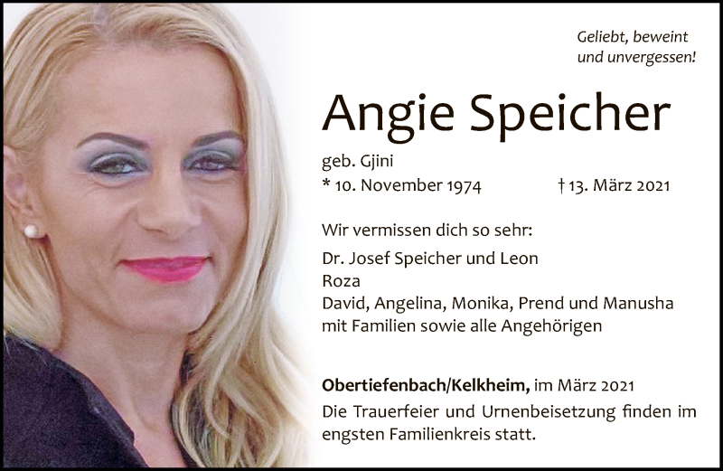  Traueranzeige für Angie Speicher vom 20.03.2021 aus FNP