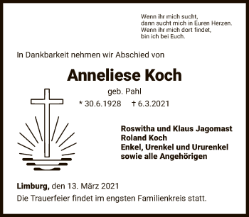 Traueranzeige von Anneliese Koch von FNP