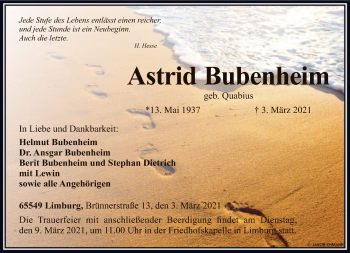 Traueranzeige von Astrid Bubenheim von FNP