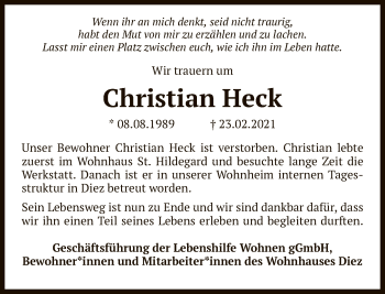 Traueranzeige von Christian Heck von FNP