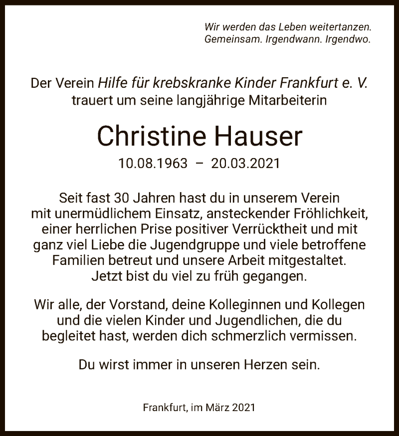  Traueranzeige für Christine Hauser vom 24.03.2021 aus FNP