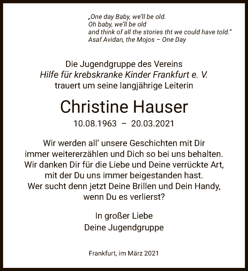  Traueranzeige für Christine Hauser vom 25.03.2021 aus FNP