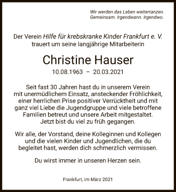 Traueranzeige von Christine Hauser von FNP