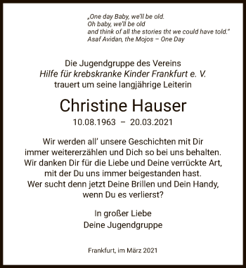 Traueranzeige von Christine Hauser von FNP