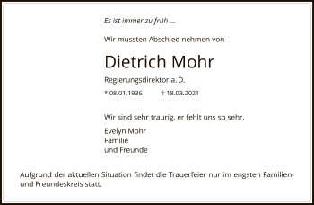 Traueranzeige von Dietrich Mohr von FNP