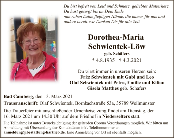 Traueranzeige von Dorothea-Maria Schwientek-Löw von FNP