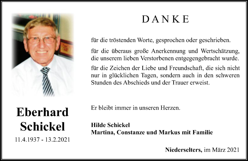  Traueranzeige für Eberhard Schickel vom 20.03.2021 aus FNP