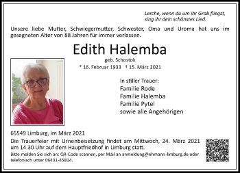 Traueranzeige von Edith Halemba von FNP