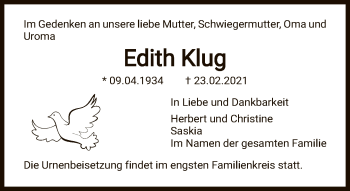 Traueranzeige von Edith Klug von FNP