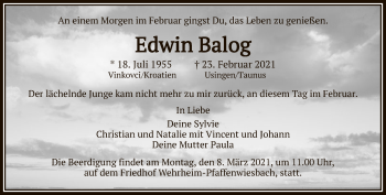 Traueranzeige von Edwin Balog von FNP