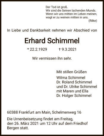 Traueranzeige von Erhard Schimmel von FNP