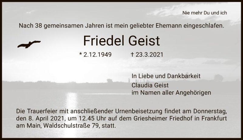  Traueranzeige für Friedel Geist vom 27.03.2021 aus FNP