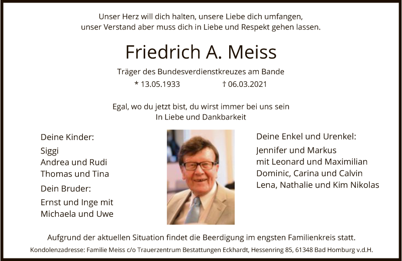  Traueranzeige für Friedrich A. Meiss vom 13.03.2021 aus FNP