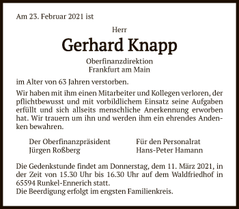 Traueranzeige von Gerhard Knapp von FNP