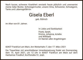 Traueranzeige von Gisela Eberl von FNP