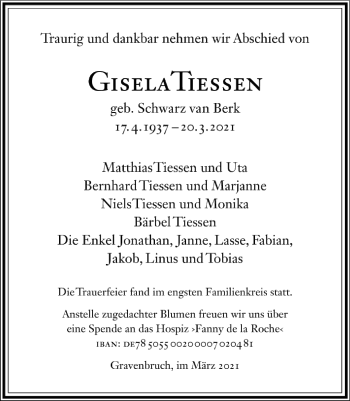 Traueranzeige von Gisela Tiessen von FNP